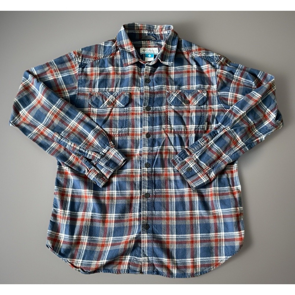 Columbia Long Sleeve Shirt Flannel Checker Plaid Red White Blue Large JBHS